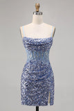 Niulatu Dusty Blue Spaghetti Strap Bodycon Sequin Short Homecoming Dress with Slits HZ1031
