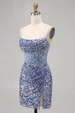 Niulatu Dusty Blue Spaghetti Strap Bodycon Sequin Short Homecoming Dress with Slits HZ1031