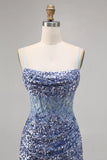 Niulatu Dusty Blue Spaghetti Strap Bodycon Sequin Short Homecoming Dress with Slits HZ1031