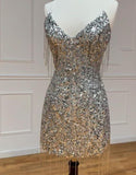 Niulatu Silver V-neck Bodycon Sequin Short Party Dress Backless Homecoming Dress with Tassels HZ1031