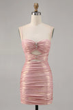Niulatu Pink Spaghetti Strap Bodycon Glitter Satin Backless Short Birthday Dress, Homecoming Dress HZ1031