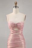 Niulatu Pink Spaghetti Strap Bodycon Glitter Satin Backless Short Birthday Dress, Homecoming Dress HZ1031