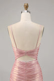 Niulatu Pink Spaghetti Strap Bodycon Glitter Satin Backless Short Birthday Dress, Homecoming Dress HZ1031