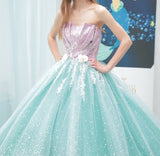 Niulatu Blue Strapless Tulle Beaded Long Ball Gowns Glamour Quincea?era Dress HZ1031
