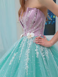 Niulatu Blue Strapless Tulle Beaded Long Ball Gowns Glamour Quincea?era Dress HZ1031