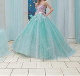 Niulatu Blue Strapless Tulle Beaded Long Ball Gowns Glamour Quincea?era Dress HZ1031