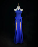Niulatu Royal Blue Halter Mermaid Long Prom Dresses, Vintage Evening Gowns HZ1031