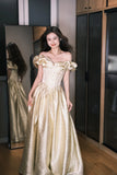 Niulatu Champagne Gold A-Line Off Shoulder Satin Long Prom Dresses Sweet 16 Dress HZ1031