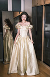 Niulatu Champagne Gold A-Line Off Shoulder Satin Long Prom Dresses Sweet 16 Dress HZ1031