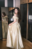 Niulatu Champagne Gold A-Line Off Shoulder Satin Long Prom Dresses Sweet 16 Dress HZ1031