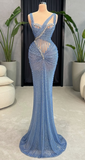 Niulatu Gray Blue Mermaid Asymmetric Lace Long Prom Dresses, Formal Evening Gowns HZ1031