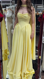 Niulatu Butter Yellow A-Line Strapless Chiffon Long Prom Dresses Graduation Dress HZ1031