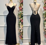 Niulatu Black Halter Mermaid Chiffon Backless Evening Dress Outdoor Party Dress HZ1031