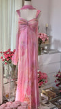 Niulatu Pink Strap Sheath Print Chiffon Prom Dresses, Vintage Evening Gowns HZ1031