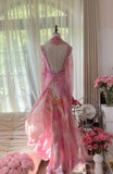 Niulatu Pink Strap Sheath Print Chiffon Prom Dresses, Vintage Evening Gowns HZ1031