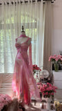 Niulatu Pink Strap Sheath Print Chiffon Prom Dresses, Vintage Evening Gowns HZ1031