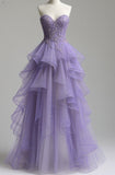 Niulatu Purple Sweetheart Neck A-Line Tulle Long Prom Dresses Formal Evening Dress HZ1031