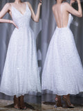 Niulatu White V-neck A-Line Beaded Tulle Prom Dresses Elegant Backless Evening Dress HZ1031
