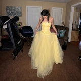 Niulatu Butter Yellow Strapless Corset Tulle Long Prom Dresses Sweet 16 Dresses HZ1031