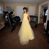 Niulatu Butter Yellow Strapless Corset Tulle Long Prom Dresses Sweet 16 Dresses HZ1031