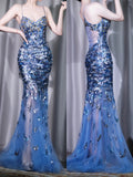 Niulatu Blue Elegant Spaghetti Strap Mermaid Evening Dress, Sequined Tulle Long Prom Dresses HZ1031