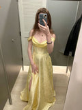 Niulatu Gold Off-shoulder A-Line Jacquard Satin Long Prom Dresses Sweet Graduation Evening Dresses HZ1031