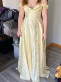 Niulatu Gold Off-shoulder A-Line Jacquard Satin Long Prom Dresses Sweet Graduation Evening Dresses HZ1031