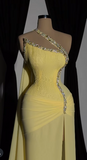 Niulatu Yellow One Shoulder Sheath Chiffon Sparkly Beaded Slit Evening Gowns HZ1031