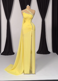 Niulatu Yellow One Shoulder Sheath Chiffon Sparkly Beaded Slit Evening Gowns HZ1031