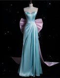 Niulatu Blue Sweetheart Neck Sheath Satin Long Birthday Gowns with Bow HZ1031