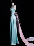 Niulatu Blue Sweetheart Neck Sheath Satin Long Birthday Gowns with Bow HZ1031