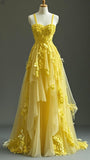 Niulatu Yellow Spaghetti Strap A-Line Tulle Applique Long Prom Dresses Exotic Birthday Dresses HZ1031