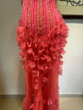 Niulatu Hot Pink Spaghetti Strap Mermaid Tulle Beaded Long Prom Dress Vintage Evening Dress HZ1031
