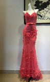 Niulatu Hot Pink Spaghetti Strap Mermaid Tulle Beaded Long Prom Dress Vintage Evening Dress HZ1031