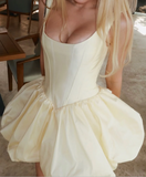 Niulatu Light Yellow Spaghetti Strap A-Line Satin Short Party Dress Birthday Dress HZ1031