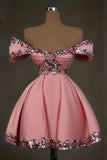 Niulatu Pink Off-the-shoulder A-Line Satin Sequin Short Evening Gown Homecoming Dress HZ1031