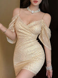 Niulatu Gold Off-shoulder A-Line Sequin Short Homecoming Dress Fashion Party Outfit HZ1031