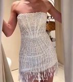 Niulatu White Strapless Bodycon Pearl Tassel Short Prom Dresses Fashion Party Dress HZ1031