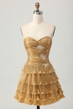 Niulatu Gold Strapless A-Line Tiered Satin Short Prom Dresses Glitter Homecoming Dress HZ1031