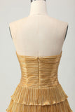 Niulatu Gold Strapless A-Line Tiered Satin Short Prom Dresses Glitter Homecoming Dress HZ1031