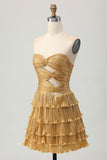 Niulatu Gold Strapless A-Line Tiered Satin Short Prom Dresses Glitter Homecoming Dress HZ1031