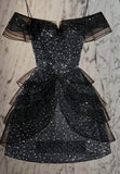 Niulatu Off Shoulder A-Line Tulle Sequin Short Birthday Dresses Black Homecoming Dress HZ1031