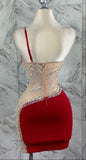 Niulatu Red Bodycon Satin Beaded Short Birthday Dress Fashion One Shoulder Homecoming Dress HZ1031