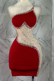 Niulatu Red Bodycon Satin Beaded Short Birthday Dress Fashion One Shoulder Homecoming Dress HZ1031
