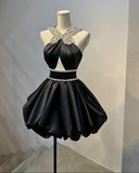 Niulatu Black Halter A-Line Satin Short Party Dress Fashion Homecoming Dress HZ1031