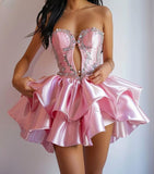 Niulatu Pink Sweetheart Neck A-Line Satin Beaded Short Homecoming Dress HZ1031