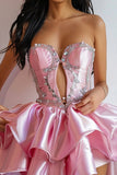 Niulatu Pink Sweetheart Neck A-Line Satin Beaded Short Homecoming Dress HZ1031