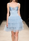 Niulatu Gray Blue A-Line Spaghetti Strap Satin Tulle Short Homecoming Dress HZ1031