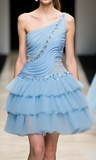 Niulatu Gray Blue A-Line One Shoulder Satin Tulle Rhinestone Short Homecoming Dresses HZ1031