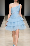 Niulatu Gray Blue A-Line One Shoulder Satin Tulle Rhinestone Short Homecoming Dresses HZ1031